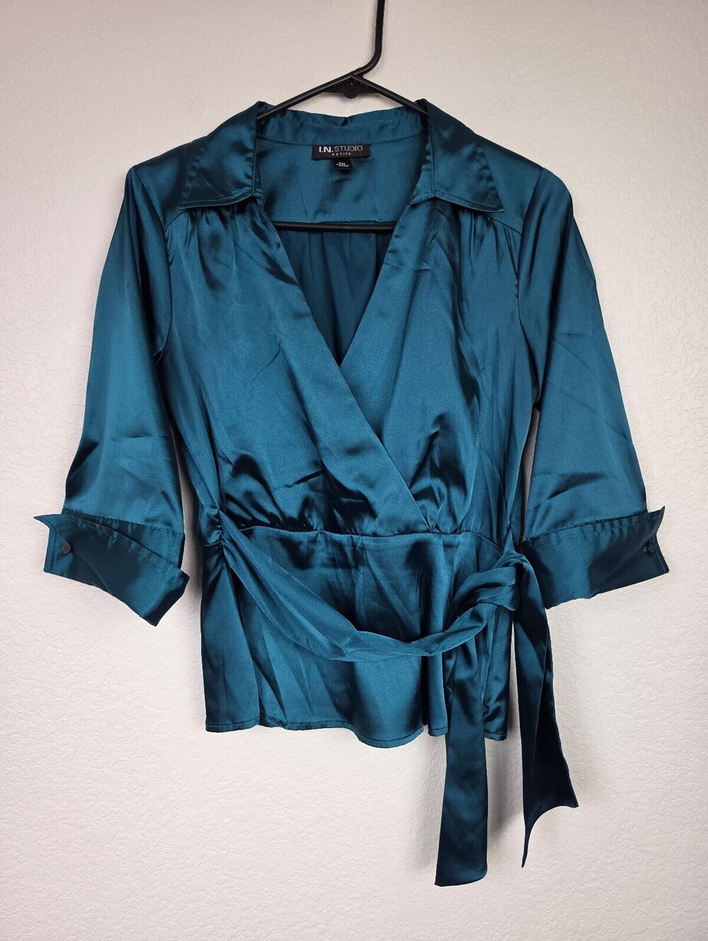 I.N. Studio Petite Teal Satin Wrap Blouse PM Medium